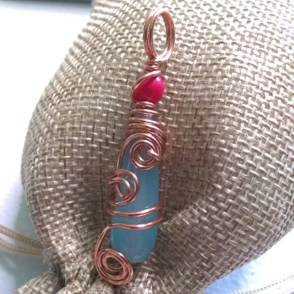 Eclectic Wire Wrapped Blue Agate Teardrop w. Pink Top Bead ~ Handmade Pendant - Picture 1 of 8
